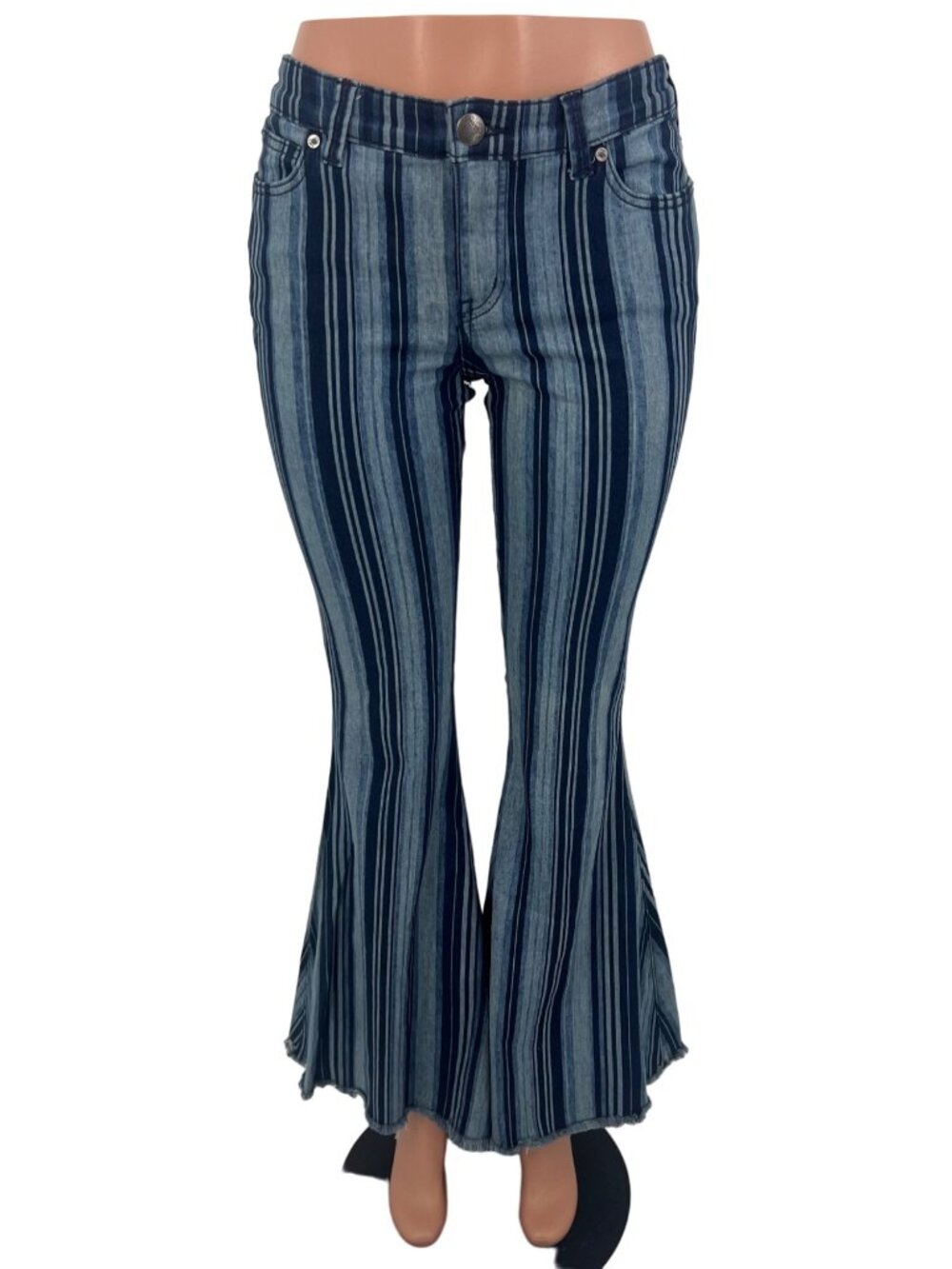 RARE NWT Free People Blue Stripe Super Flare Bell Bottom Jeans | Costal Cowgirl - Picture 3 of 16